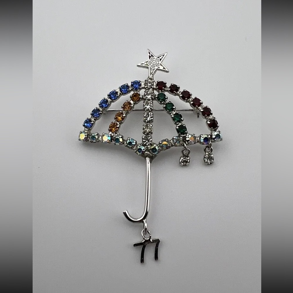 Vintage Rhinestone B David Umbrella Brooch With Dangled Raindrops, Used. Signed.